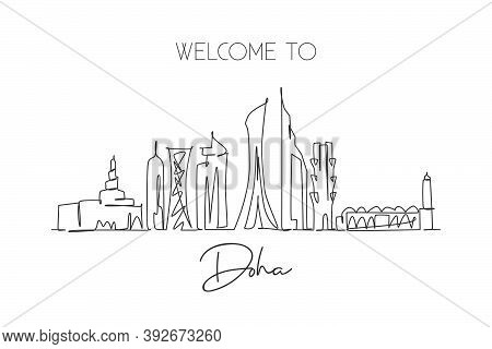 Single Continuous Line Drawing Of Doha City Skyline, Qatar. Famous City Scraper And Landscape Home W