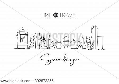 One Continuous Line Drawing Of Surabaya City Skyline, Indonesia. Beautiful City Landmark. World Land