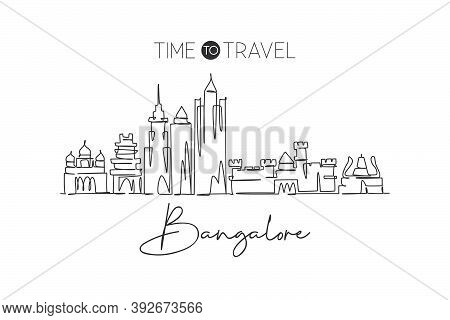 One Single Line Drawing Of Bangalore City Skyline, India. Historical Town Landscape In World. Best H
