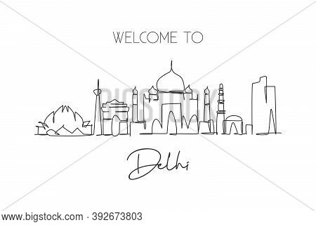 One Single Line Drawing Of Delhi City Skyline, India. Historical Town Landscape In The World. Best H