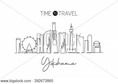 One Single Line Drawing Of Yokohama City Skyline, Japan. Historical Town Landscape. Best Holiday Des