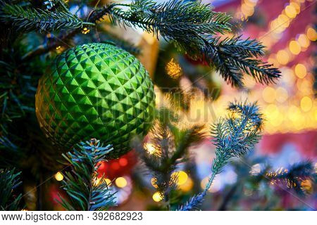 Big Green Ball On A Branch Christmas Tree, Copy Space