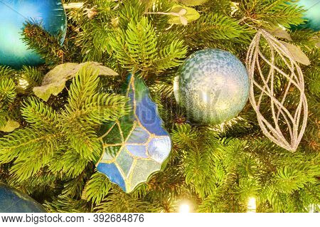 New Year And Xmas Tree Decorations With Silver Ball And Blue Bauble, Close-upisolated
