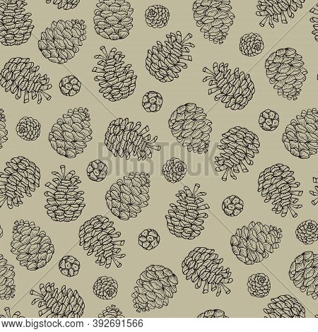 Elegant Hand Drawn Christmas Seamless Pattern With Pine And Cypress Cones. Winter Vintage Engraving 