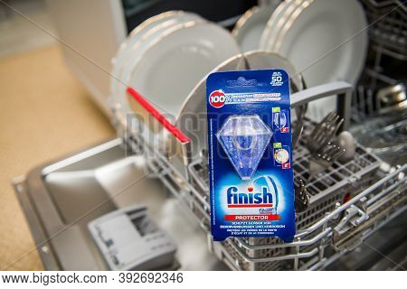 Paris, France - Oct 20, 2020: New Finish Protector For The Dishwasher Mashine - Device Designed To P
