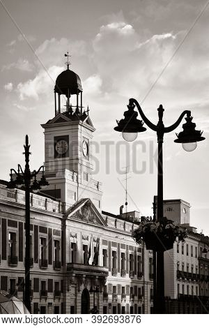 Bell tower of Royal House of the Post Office (Real Casa de Correos) in Puerta del Sol in Madrid, Spain.