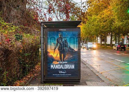 Strasbourg, France - Nov 1, 2020: Street View Of Public Bus Station Jcdecaux With Advertising For Th
