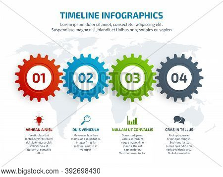 Gears Infographics. Mechanical Engine Components Cogwheels Presentation Charts Icons On Earth Map Ba