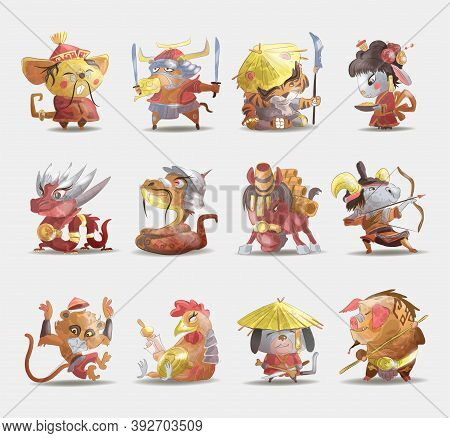 Chinese Zodiac Animals Cartoon Set Of Rabbit Dog Monkey Pig Tiger Horse Dragon Goat Snake Rooster Ox