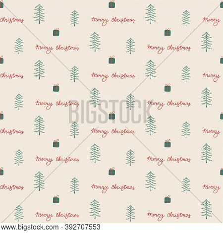 Christmas Seamless Vector Pattern With Pines, Presents And Merry Christmas Guote. Xmas Winter Poster