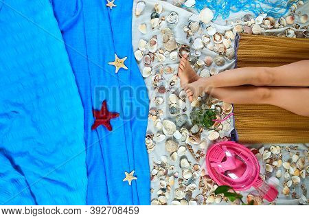 Top View Of Imitates Summer Sea Beach Vacation At Home Quarantine.