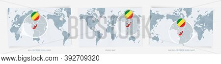 Three Versions Of The World Map With The Enlarged Map Of Congo With Flag. Europe, Asia, And America 