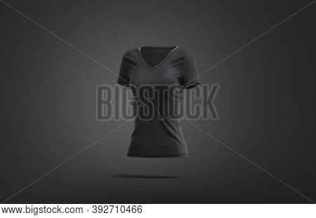 Blank Black Women Slimfit T-shirt Mock Up, Dark Background, 3d Rendering. Empty Fit Jersey Female Te