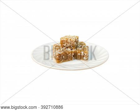 Kueh Kaswi Or Kasui (palm Brown Sugar Rice Cake) On White Background