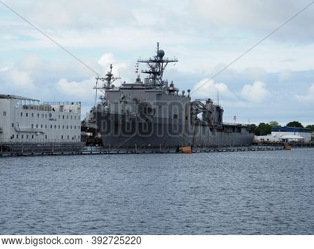 Norfolk, Usa - June 9, 2019: Image Of The Battleship Uss Whidbey Island Anchored In The Naval Base O