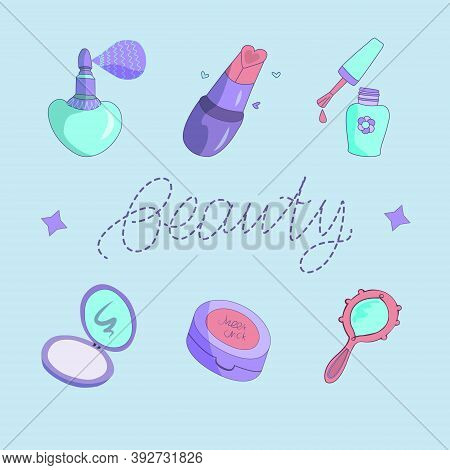 Set Of Pictures With Decorative Cosmetics, Hand Lettering Beauty, Vector Illustration Of Lipstick, N