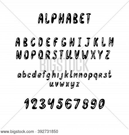 Hand Drawn Cartoon Alphabet, Letters And Numbers On White Background, Vector Illustration