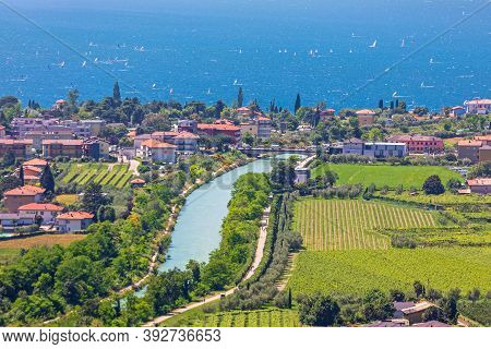 Nago Torbole, Italy - June 13, 2019: River Sarca And Garda Lake In Nago Torbole, Italy.