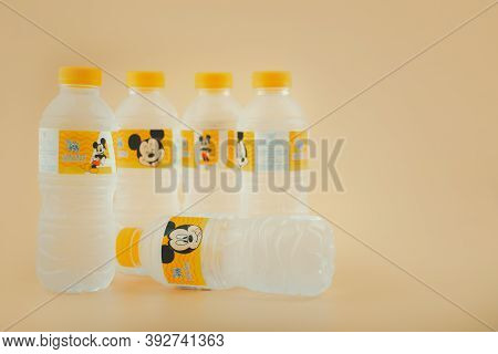 Bangkok, Thailand - November 2, 2020 : Singha Drinking Water Mickey Mouse Collection Size 330 Ml. Th