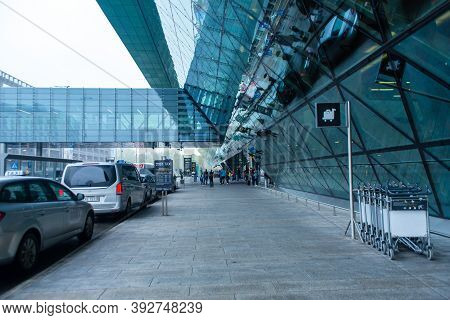 Exterior Of The Airport Terminal In Krakow. A Modern Glass And Metal Building. Kraków, Poland - 05.1