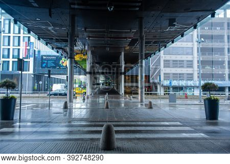 Exterior Of The Airport Terminal In Krakow. A Modern Glass And Metal Building. Kraków, Poland - 05.1
