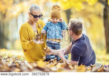 Parents Get Their Son Acquianted With Fallen Leaves On An Autumn Day In The Park.