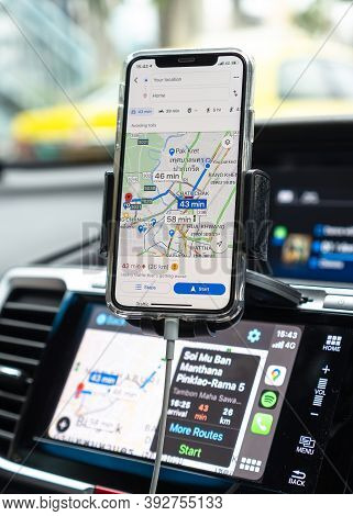 Bangkok, Thailand-27 October, 2020: Google Maps App With Apple Carplay On Car Screen Dashboard And I