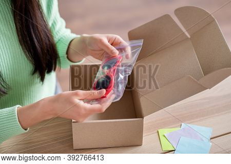 Cropped Close-up View Of Her She Girl Seller Manager Seller Marketer Packing Parcel Trade Drop-shipp