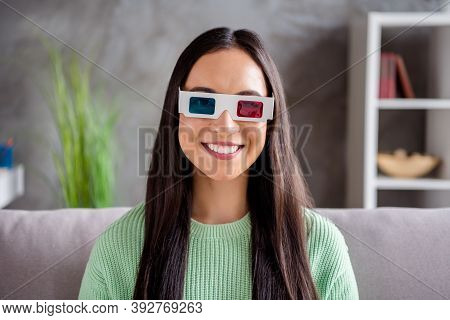 Close Up Photo Of Nice Chinese Girl Watch 3d Film Glasses Enjoy Modern Effect Sit Divan In House Ind