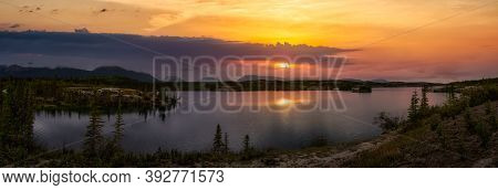 Panoramic Beautiful View Of Lewes Lake During Fall Season. Colorful Sunset Artistic Render. Located 