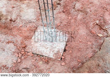 Pile Foundation Of Building At Construction Site. Steel Rebar Of Concrete Piles, Foundation Slab. Pi