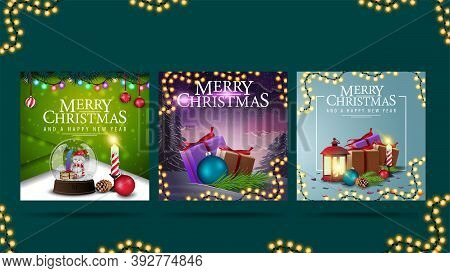 Collection Of Christmas Greeting Square Postcards With Christmas Presents, Garlands, Winter Landscap