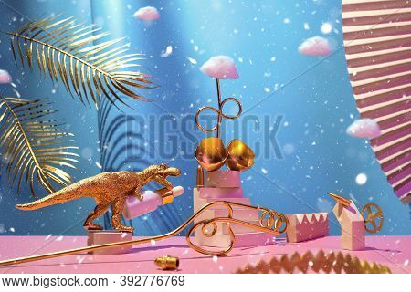 Monumental Composition With Dinosaur, Egg, Cosmetic Oil For The Face With Catwalks, Stairs, Palm Lea