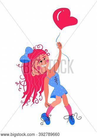 Happy Valentine's Day Greeting Card. Funny Kid Female Character. Curly-haired Happy Girl Flies In A 