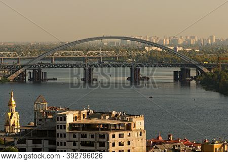 Kyiv, Ukraine-september 26, 2020:aerial View Of Ancient Podil District And The Process Of Building N