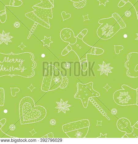Vector Holiday Illustration With Hot Drinks, Cakes And Funny Gingerman On A Green Background. Outlin