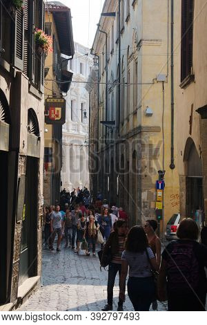 Bergamo / Italy / September 9 2018 : Beautiful, Historic Old City. View Of Atmospheric Upper Town Wi