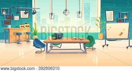 Coworking Space Interior, Empty Office Business Center With Computer On Desks, Comfortable Armchairs