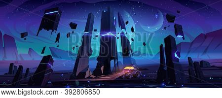 Explorer Robot On Alien Planet Surface At Night. Vector Cartoon Futuristic Landscape Of Planet With 