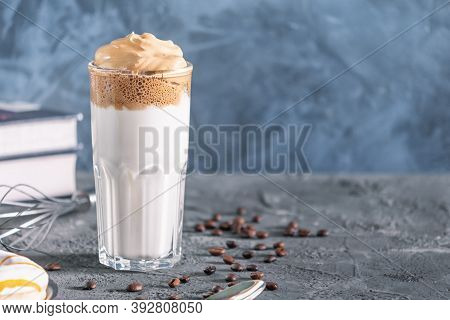 Delicious Coffee Drink, On A Blue-gray Background With Copy Space. Dalgon Coffee.