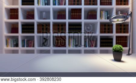 Wooden  White Desk, Plant And Table Lamp Front Of White Bookshelf With Modern And Classic Books From