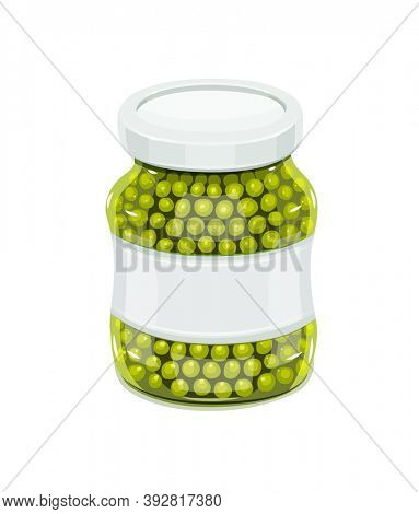 Glass jar with greeen peas. Natural food for safekeeping. Isolated white background. 3D illustration.
