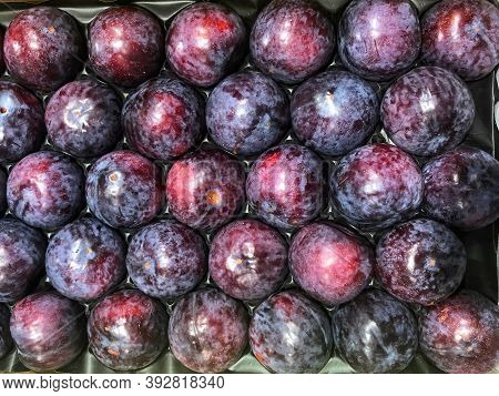 Dark Red Giant Plums On Market Orderly Arranged: Close Up Filling The Whole Photo