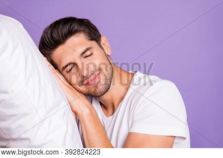 Close-up Portrait Of His He Nice Attractive Sleepy Brown-haired Guy Holding Head On Pillow Drowsing 