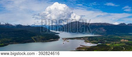 Beautiful Panoramic View Of A Small Touristic Town, Carcross, Surounded By Canadian Mountain Landsca