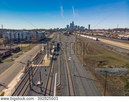 View of a train yard with the city of Charlotte, NC in the background