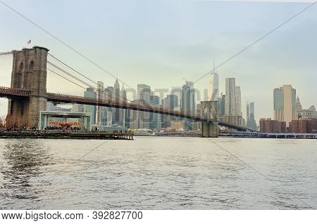 Stunning Views Of A Famous Suspended Brooklyn Bridge And Manhattan Skyscrapers In New York From The 