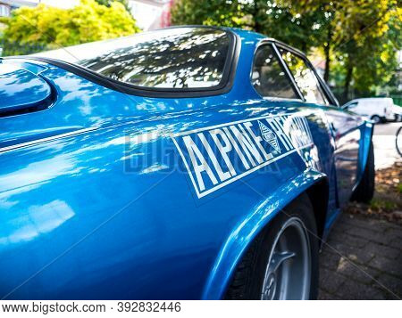 Strasbourg, France - Oct 1, 2017: Side Vie Of The Wing Of Vintage Blue Alpine A110 Berlinette Group 