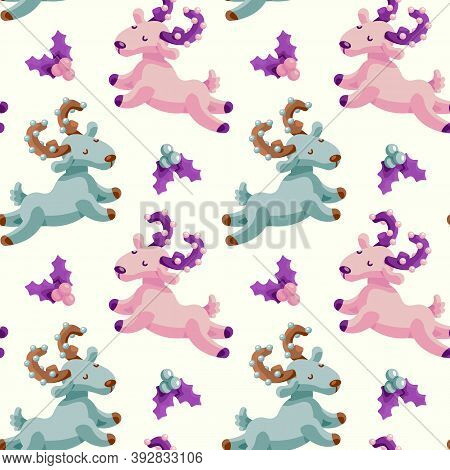 Deer And Holly Twig On White Backdrop. Christmas Seamless Pattern For Wallpaper, Wrap Paper, Sleeper