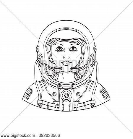 Tattoo Style Illustration Of Bust Of A Female Astronaut Wearing A Space Helmet And Spacesuit Viewed 